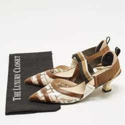 Pre Owned Fendi Colibri Size 38 Zucca Brown/White Leather and PVC Slingback Pumps
