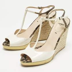 Pre Owned Fendi Elodie Size 39 Multicolor Patent Leather and Python Embossed Leather Wedge Sandals