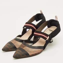 Pre Owned حذاء كعب عالي فندي كوليبري مش و كانفاس بني/أسود مقاس 38