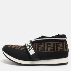 Pre Owned Fendi Rockoko Size 37 Brown Zucca Knit Fabric Low Top Sneakers