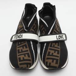 Pre Owned Fendi Rockoko Size 37 Brown Zucca Knit Fabric Low Top Sneakers