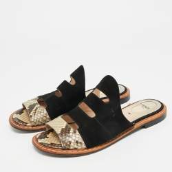 Pre Owned صندل فلات فيندي سويد بني / أسود و بايثون بتصميم مفتوح مقاس 38.5