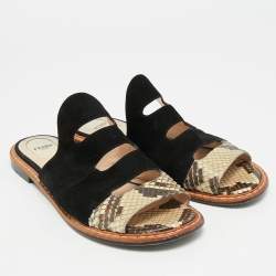 Pre Owned صندل فلات فيندي سويد بني / أسود و بايثون بتصميم مفتوح مقاس 38.5