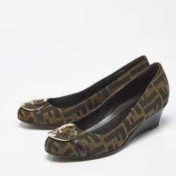 Pre Owned Fendi Zucca Size 36 Brown Monogram Canvas and Leather Wedge Pumps