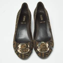 Pre Owned Fendi Zucca Size 36 Brown Monogram Canvas and Leather Wedge Pumps