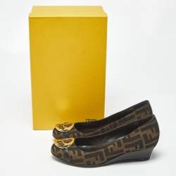 Pre Owned Fendi Zucca Size 36 Brown Monogram Canvas and Leather Wedge Pumps