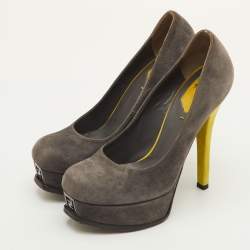 Pre Owned Fendi Fendista Size 38 Grey/Green Suede Platform Pumps