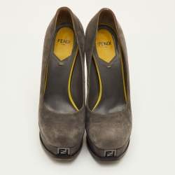 Pre Owned Fendi Fendista Size 38 Grey/Green Suede Platform Pumps