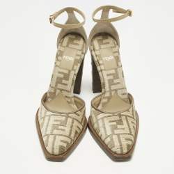 مملوكة مسبقًا حذاء كعب عالي فندي دي اورسي بشريط كاحل ومقدمة مدببة كانفاس زوكا بطيات بني مقاس 40