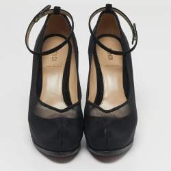 Pre Owned Fendi Size 38 Black Mesh and Suede Platform Ankle Strap Pumps
