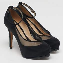 Pre Owned Fendi Size 38 Black Mesh and Suede Platform Ankle Strap Pumps