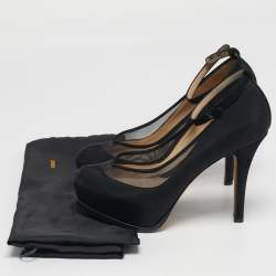Pre Owned Fendi Size 38 Black Mesh and Suede Platform Ankle Strap Pumps