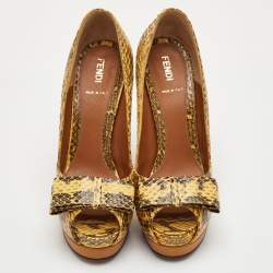 مملوكة مسبقًا حذاء كعب عالي فيندي فيونيكة جلد بايثون أصفر/أسود منصة مقدمة مفتوحة مقاس 38