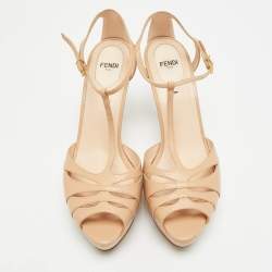 Pre Owned Fendi  Size 39 Beige Leather T-Bar Platform Ankle Strap Sandals