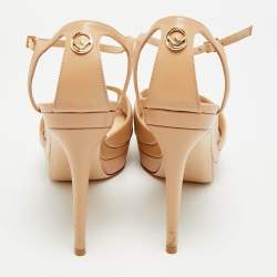 Pre Owned Fendi  Size 39 Beige Leather T-Bar Platform Ankle Strap Sandals