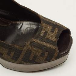 Pre Owned حذاء كعب عالي فنـدي فنـديستـا كانفاس بني بمقدمة مفتوحة وسير خلفي مقاس 39