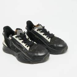 مملوكة مسبقًا حذاء رياضي فندي فلو جلد أسود وأبيض شبك وشامواه رقبة منخفضة مقاس 38.5