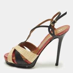 Pre Owned Fendi Size 38 Tri Color Raffia Platform Slingback Sandals