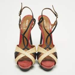 Pre Owned  Fendi Size 38 Tri Color Raffia and Python Platform Slingback Sandals