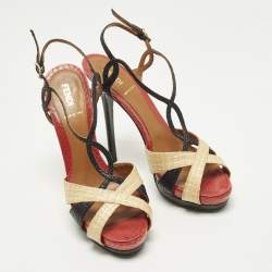 Pre Owned  Fendi Size 38 Tri Color Raffia and Python Platform Slingback Sandals