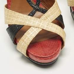 Pre Owned  Fendi Size 38 Tri Color Raffia and Python Platform Slingback Sandals