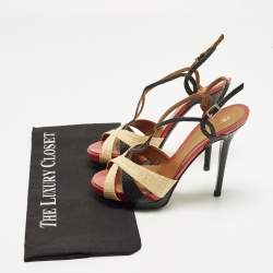 Pre Owned  Fendi Size 38 Tri Color Raffia and Python Platform Slingback Sandals