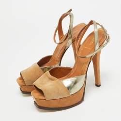 Pre Owned Fendi Fendista Size 38 Brown/Gold Leather and Suede Ankle Strap Sandals