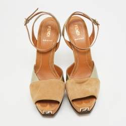 Pre Owned Fendi Fendista Size 38 Brown/Gold Leather and Suede Ankle Strap Sandals