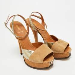 Pre Owned Fendi Fendista Size 38 Brown/Gold Leather and Suede Ankle Strap Sandals