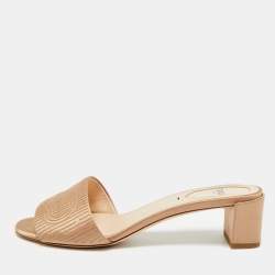Pre Owned Fendi Size 37.5 Beige Satin Slide Logo Embroidered Block Heel Sandals