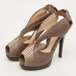 Pre Owned صندل فندي جلد نقش ثعبان بني نعل سميك فتحة كعب مقاس 38