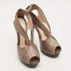 Pre Owned صندل فندي جلد نقش ثعبان بني نعل سميك فتحة كعب مقاس 38