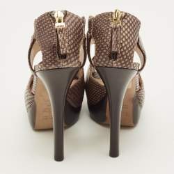 Pre Owned صندل فندي جلد نقش ثعبان بني نعل سميك فتحة كعب مقاس 38