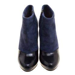 Pre Owned Fendi Navy Blue/Black Suede and Leather Ankle Boots Size 37.5