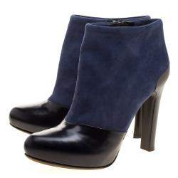 Pre Owned Fendi Navy Blue/Black Suede and Leather Ankle Boots Size 37.5