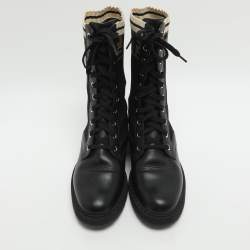 مملوكة مسبقًا حذاء بوت فنـدي روكوكو قتال جلد أسود وقماش زوكا مطاطي مقاس 39