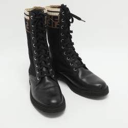 مملوكة مسبقًا حذاء بوت فنـدي روكوكو قتال جلد أسود وقماش زوكا مطاطي مقاس 39