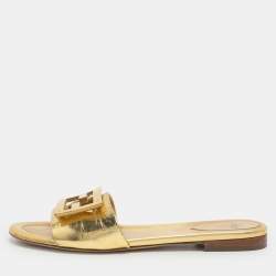 Pre Owned Fendi Baguette Size 38 Metallic Gold Leather Flat Slides 