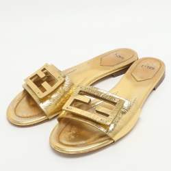 Pre Owned Fendi Baguette Size 38 Metallic Gold Leather Flat Slides 
