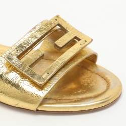 Pre Owned Fendi Baguette Size 38 Metallic Gold Leather Flat Slides 