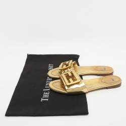 Pre Owned Fendi Baguette Size 38 Metallic Gold Leather Flat Slides 