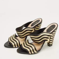 Pre Owned Fendi Size 39 Black/Gold Leather  Wave Striped Slide Sandals