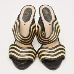 Pre Owned Fendi Size 39 Black/Gold Leather  Wave Striped Slide Sandals