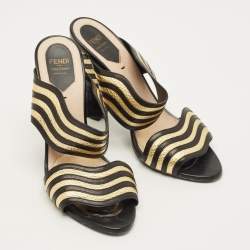 Pre Owned Fendi Size 39 Black/Gold Leather  Wave Striped Slide Sandals