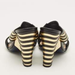 Pre Owned Fendi Size 39 Black/Gold Leather  Wave Striped Slide Sandals