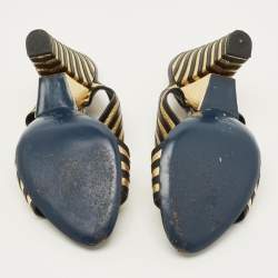 Pre Owned Fendi Size 39 Black/Gold Leather  Wave Striped Slide Sandals