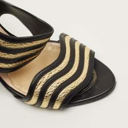 Pre Owned Fendi Size 39 Black/Gold Leather  Wave Striped Slide Sandals
