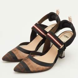 مملوكة مسبقًا Fendi Colibri Size 36.5 Brown/Black Zucca Mesh and Fabric Slingback Sandals