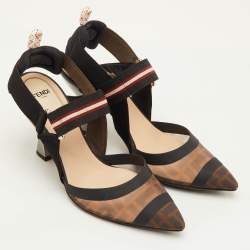 مملوكة مسبقًا Fendi Colibri Size 36.5 Brown/Black Zucca Mesh and Fabric Slingback Sandals