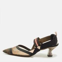 Pre Owned Fendi Colibri Size 40 Black/Brown Canvas and FF Mesh Slingback Pumps